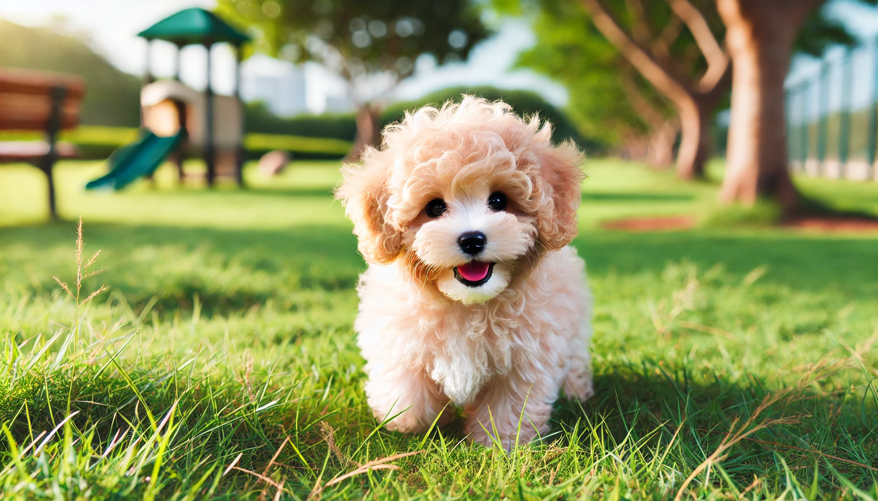 image of a small, curly F1B Maltipoo puppy in a dog park. The puppy has a fluffy, curly coat and looks happy and playful