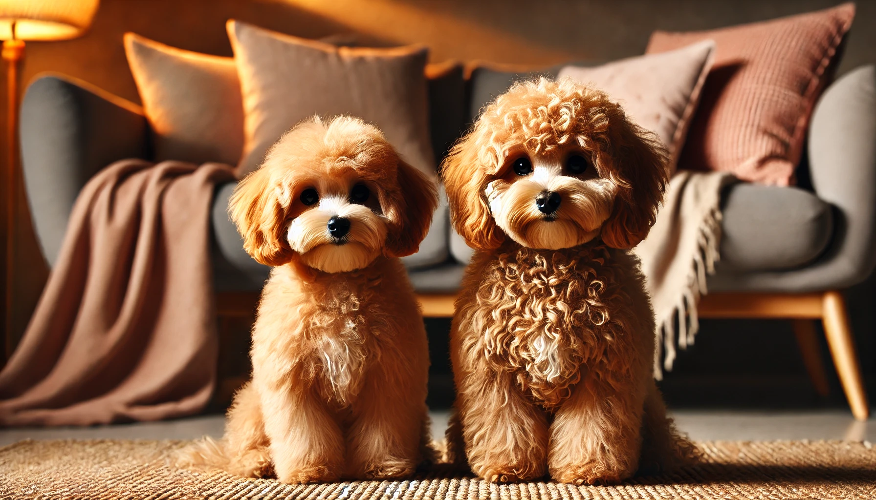 A cozy scene featuring two small, cute, fluffy Maltipoos with solid apricot-colored, curly coats. One Maltipoo has a very short, neatly trimmed haircut