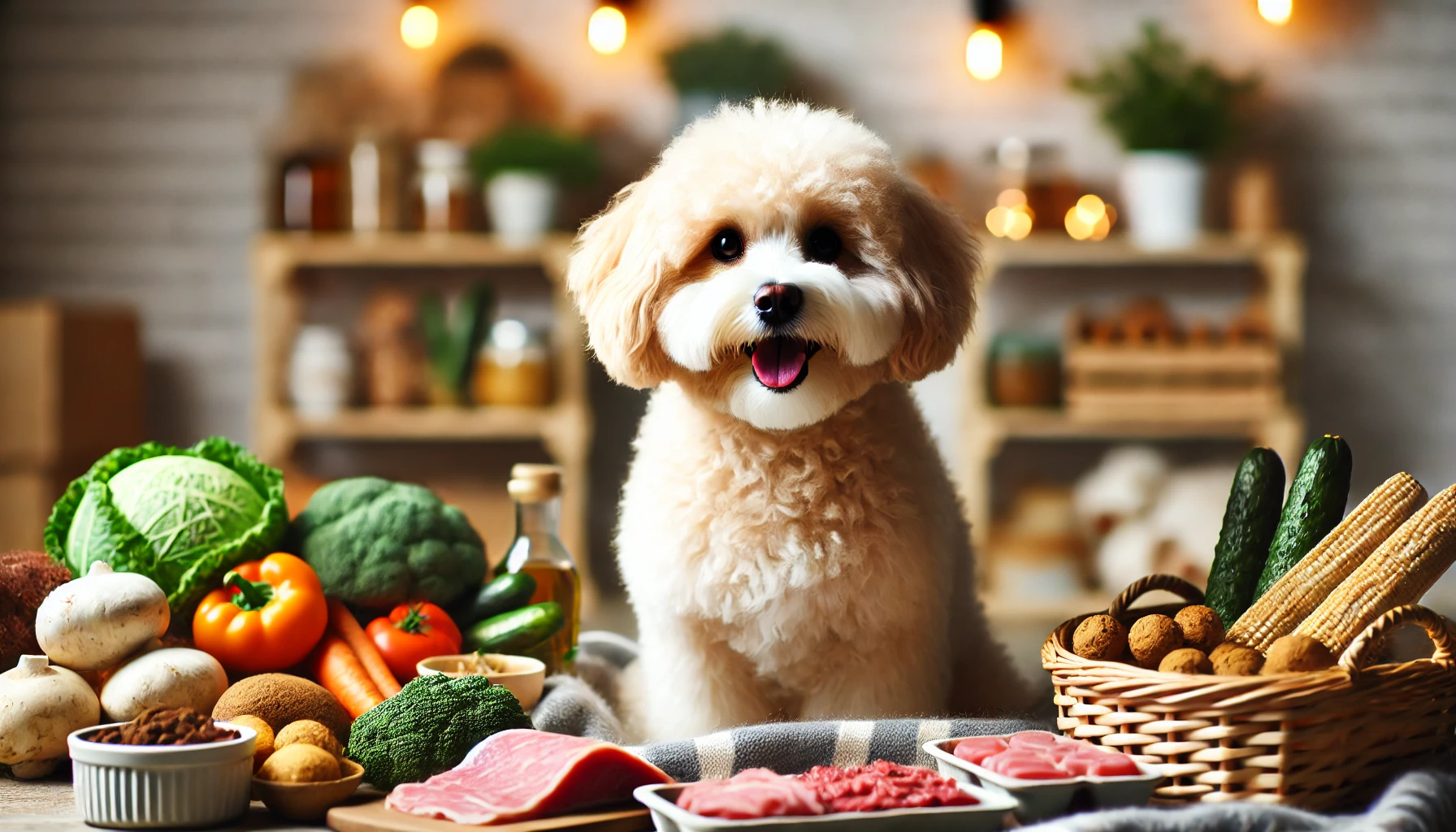 image of a Maltipoo dog sitting happily in front of a selection of dog-friendly vegetables, meats