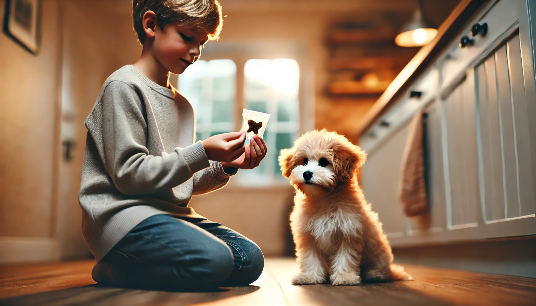 image of a Maltipoo being trained by a 10-year-old kid in a cozy home setting. The kid holds a treat in his hands