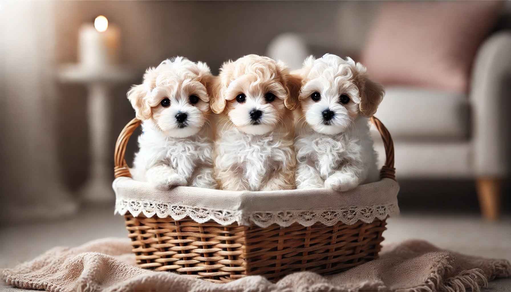 image of three small Maltipoo puppies sitting in a basket. The puppies are less than 7 weeks old, with fluffy, soft coats