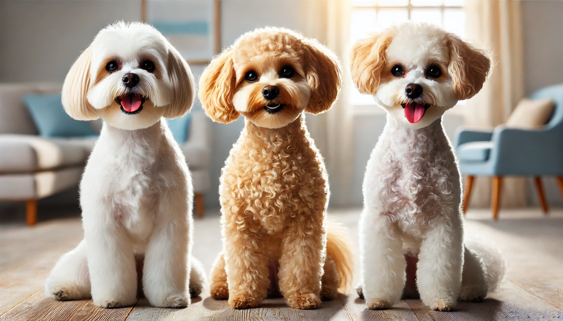 image with three dogs side by side. The first dog is a Maltese, the second dog is a Maltipoo, and the third dog is a Mini Poodle