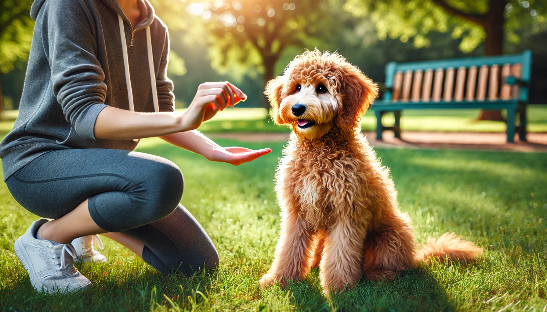 A high-quality image of a Mini Goldendoodle being trained by a person in an outdoor park