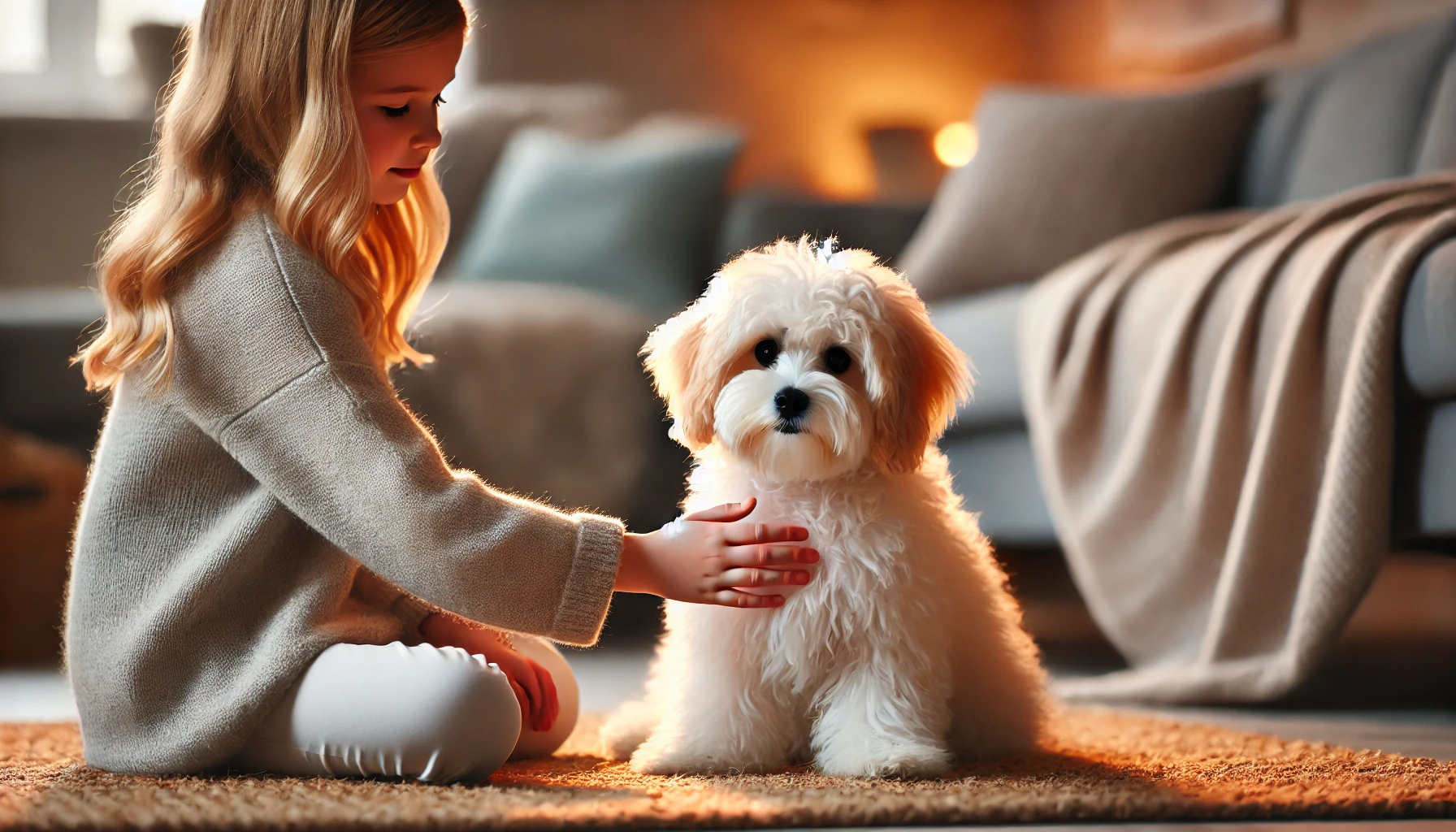  image of a Maltipoo being gently petted by a small blonde girl in a cozy setting