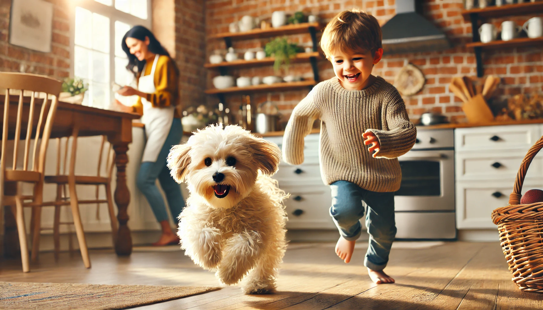  image of a Maltipoo running around with an older child in a cozy home setting. The dog has a fluffy, playful appearance