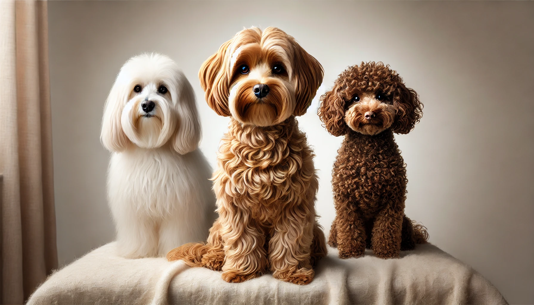 An image featuring a wavy-coated brown Maltipoo sitting between a white, long-haired Maltese and a curly-coated brown miniature Poodle