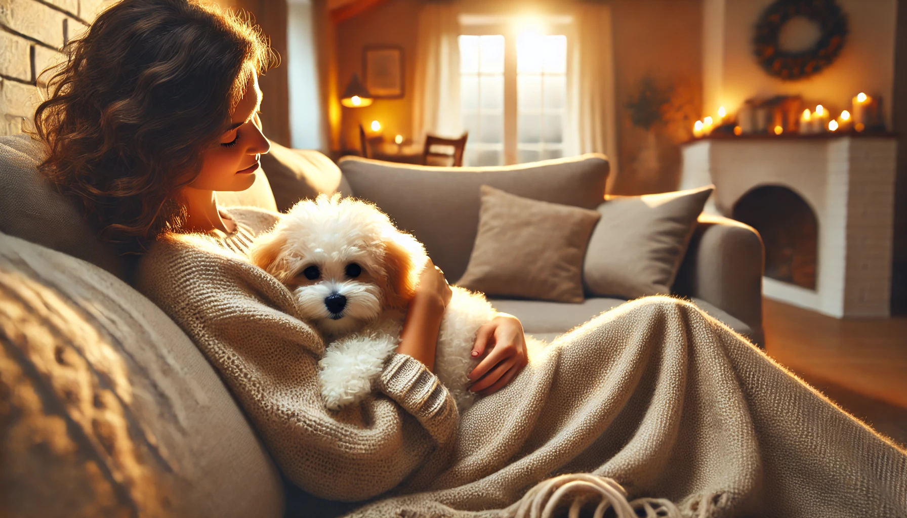 image of a Toy Maltipoo cuddling with a person on a cozy couch in a warmly lit room