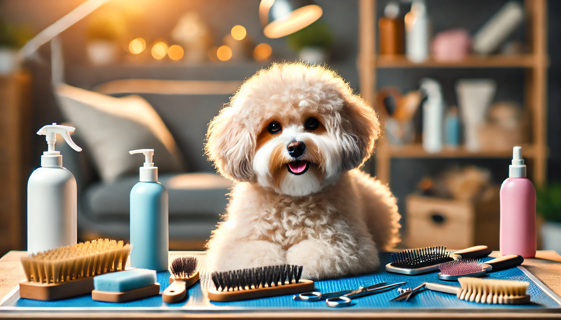  image of a small Maltipoo in a home grooming session. The dog is relaxed and happy, sitting on a grooming table 