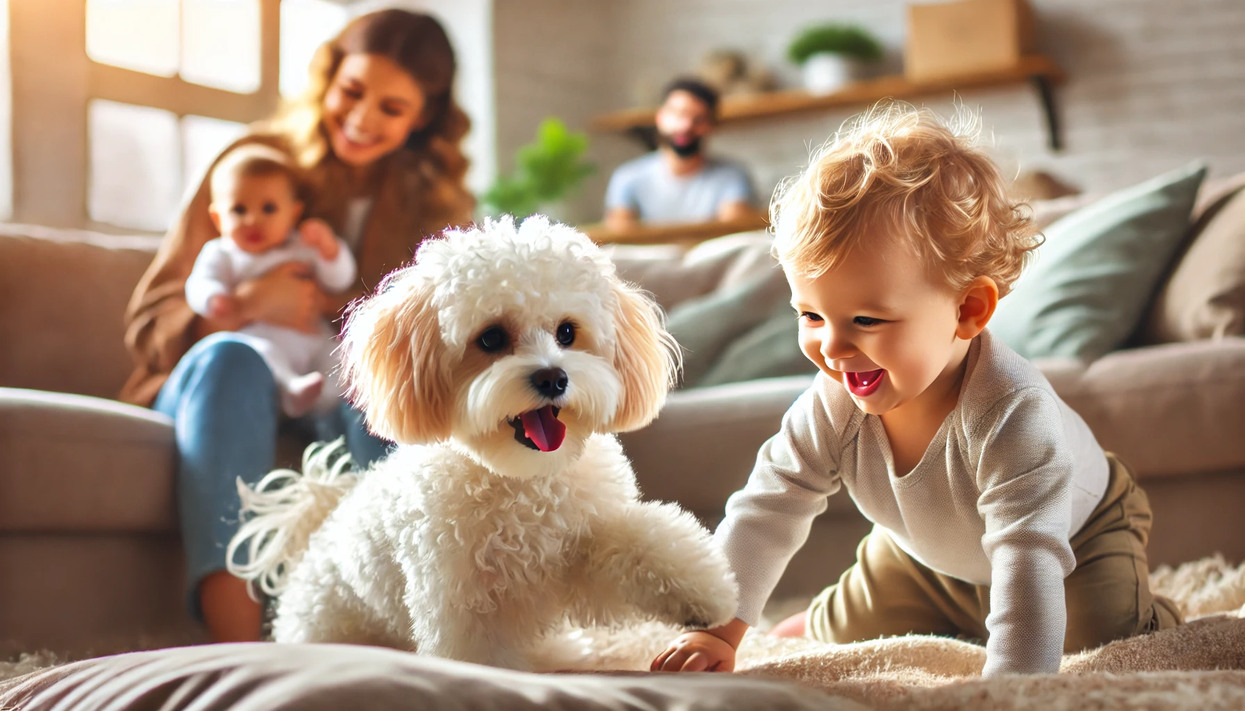  image of a Maltipoo playing with a small toddler in a cozy home setting. The Maltipoo has a fluffy coat