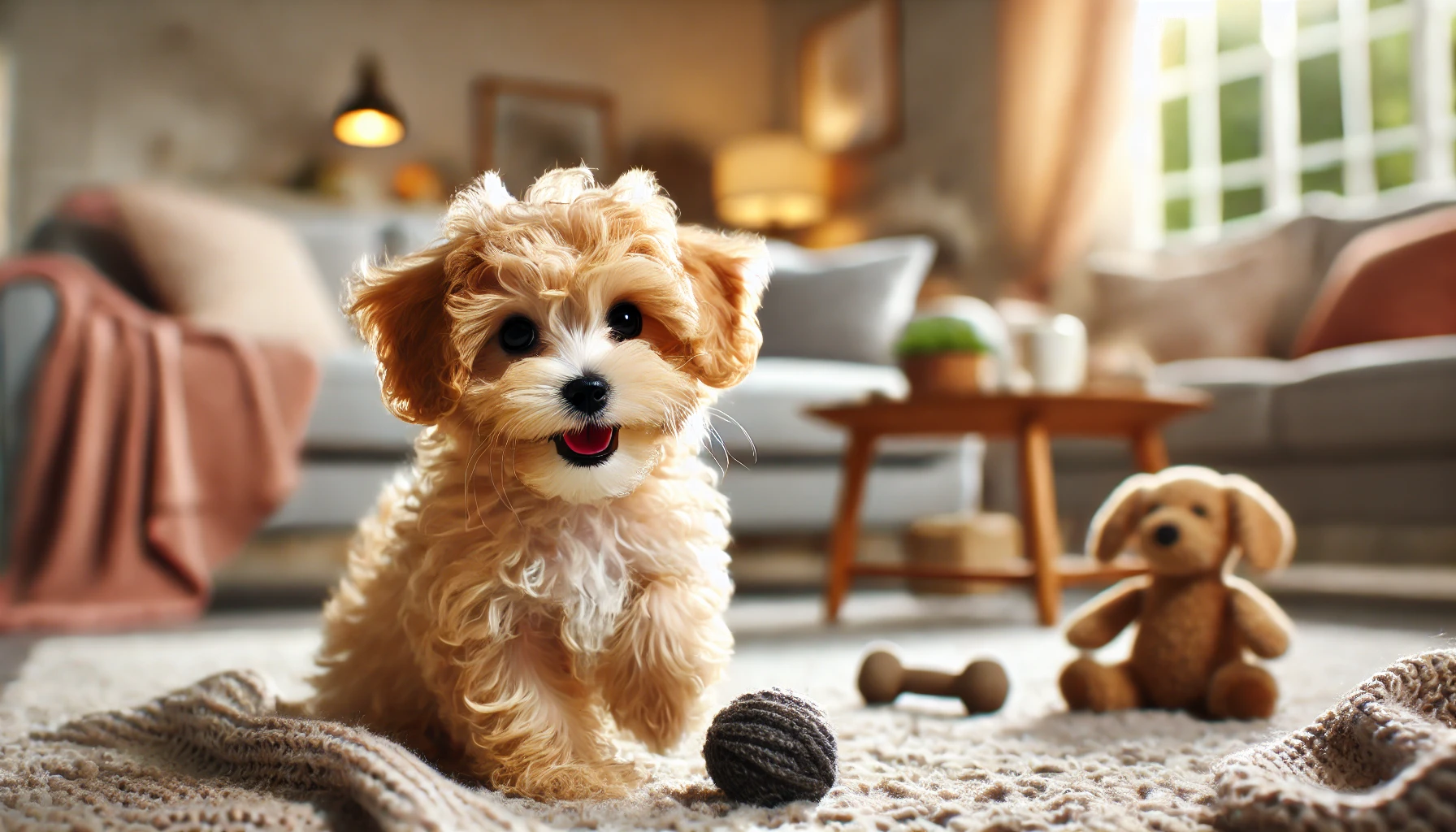 image of a small teacup Maltipoo playing in a cozy home. The Maltipoo looks happy and energetic