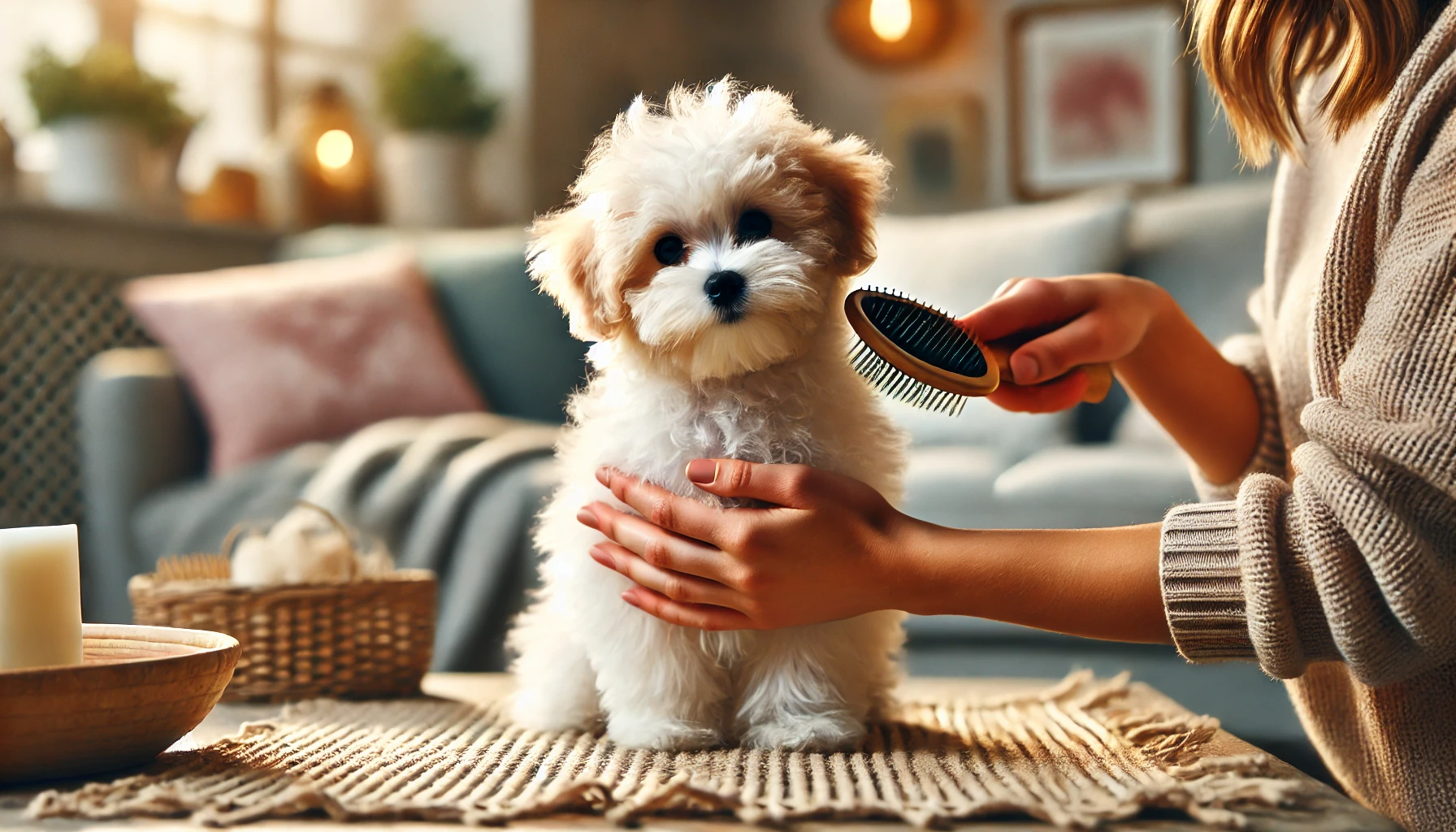 image of a small, well-groomed, teacup Maltipoo being brushed by a person in a cozy setting. The Maltipoo looks content 