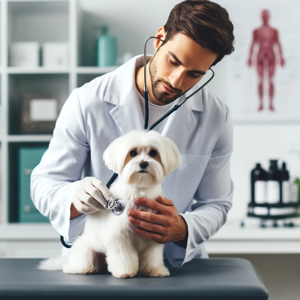 a maltese dog being checked by a veterinarian