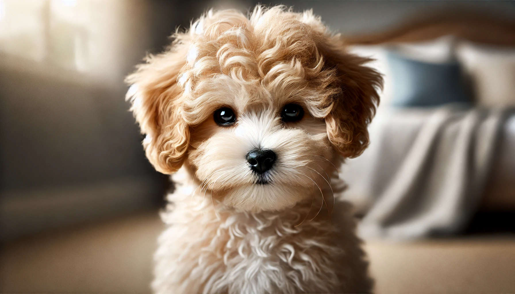 image of a Maltipoo puppy looking directly at the camera with a stubborn and slightly defiant expression