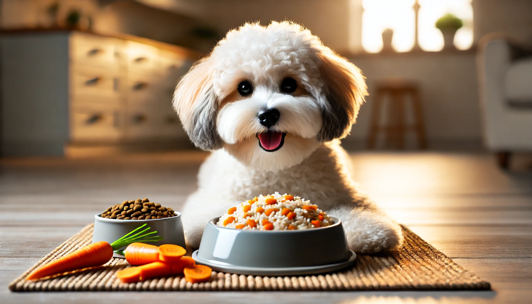 image of a Maltipoo dog eating high-quality food. The meal includes rice, carrots, and other healthy ingredients for dogs