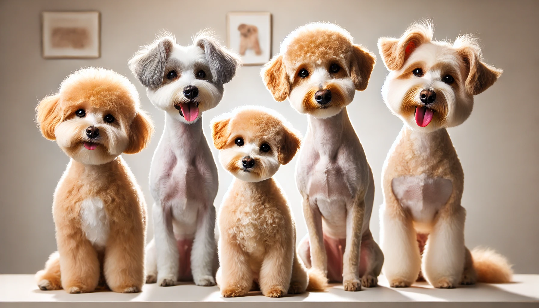  image of four Maltipoos side by side, each with a different haircut. One Maltipoo has a puppy cut, another has a summer cut
