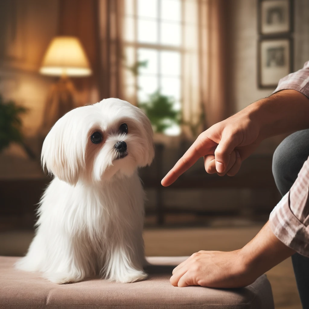 a person scolding a maltese dog