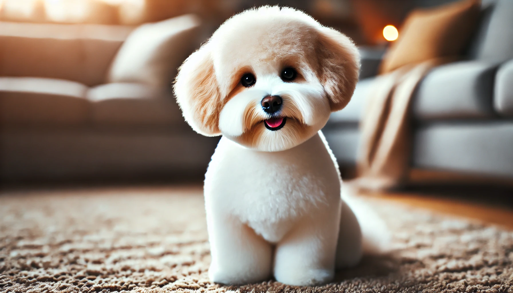  image of a Maltipoo with a Teddy Bear Cut. The dog's fur is trimmed to about ½ to 1 inch on the body