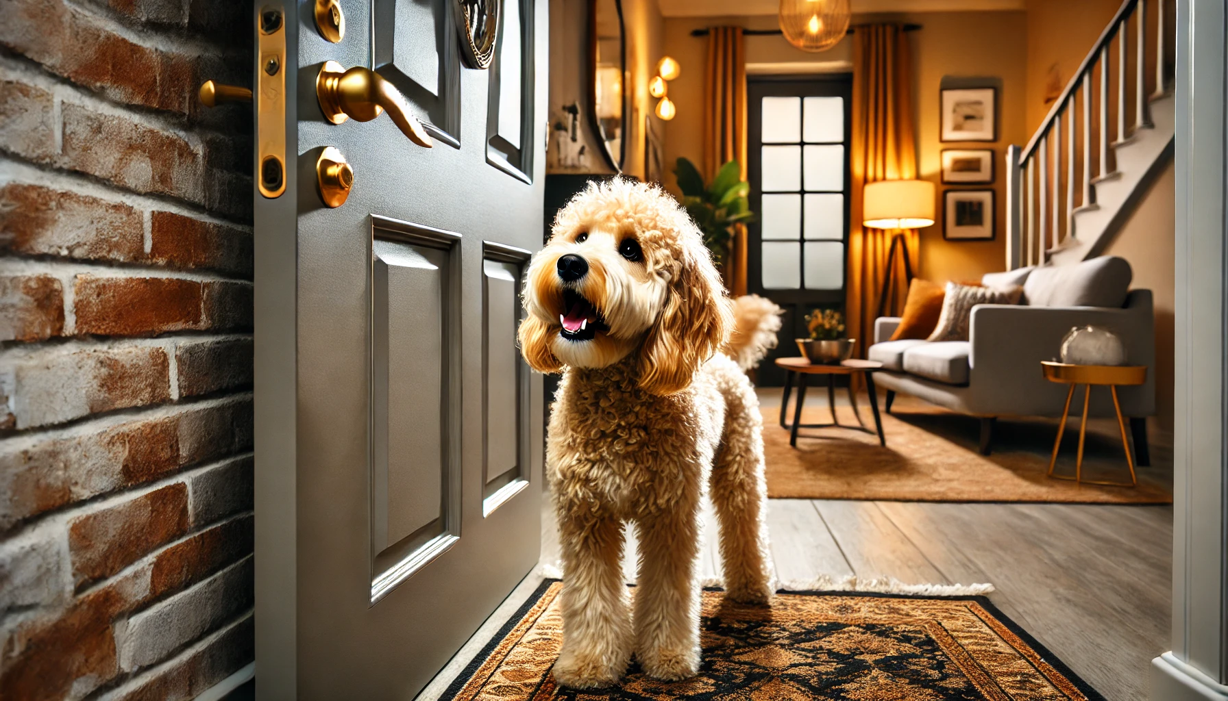 A high-quality image of a Mini Goldendoodle barking at the apartment door