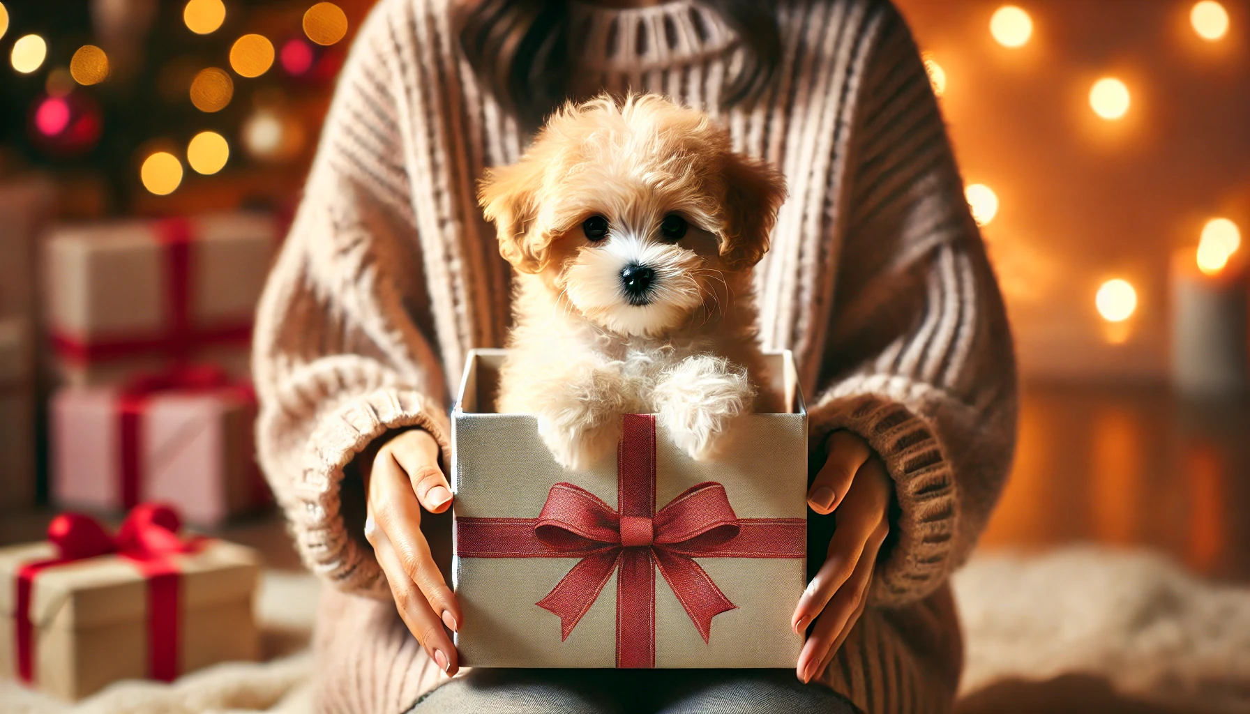 image of a small Maltipoo puppy sitting inside a gift box