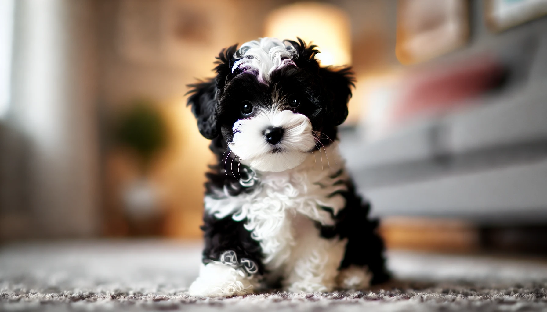 A high-quality image featuring a small black and white Maltipoo puppy in focus. The puppy has a fluffy, wavy coat and looks playful and adorable