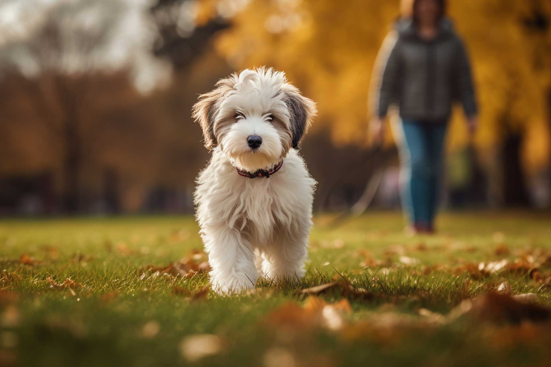 Mini Sheepadoodle training with owner in the park on green grass