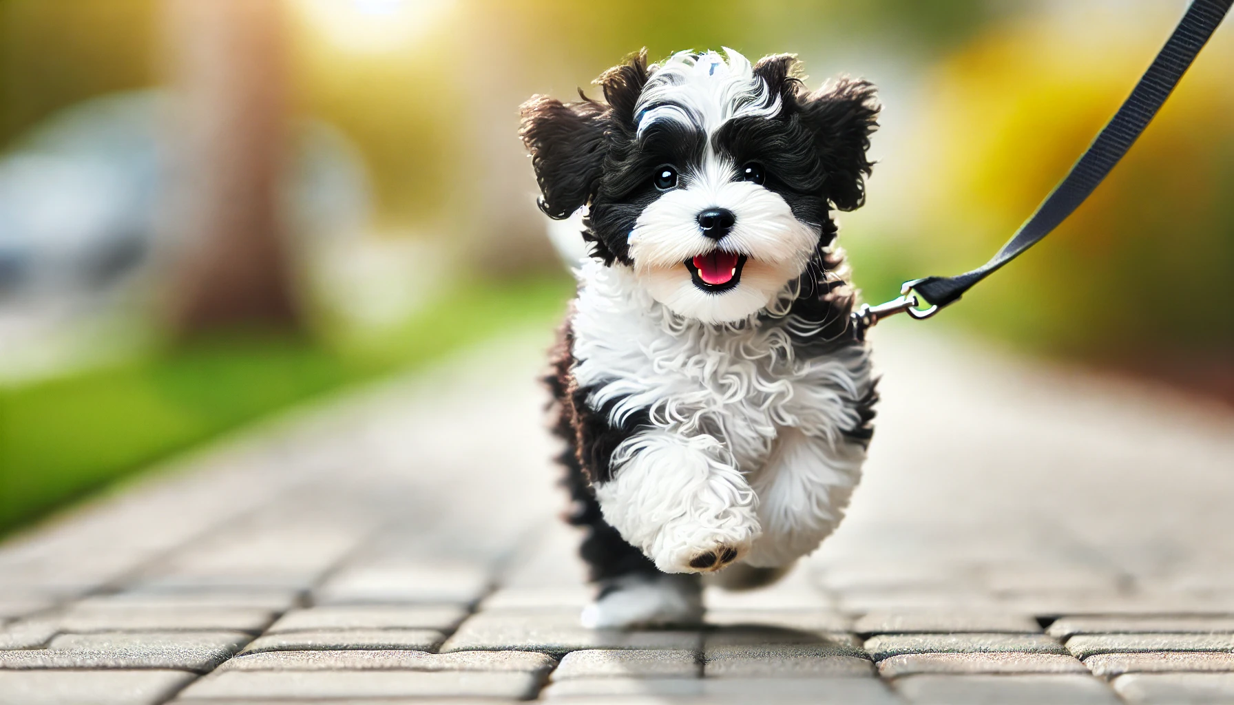 A high-quality image featuring a small, cute black and white Maltipoo dog running outside on a leash. The dog looks happy and energetic