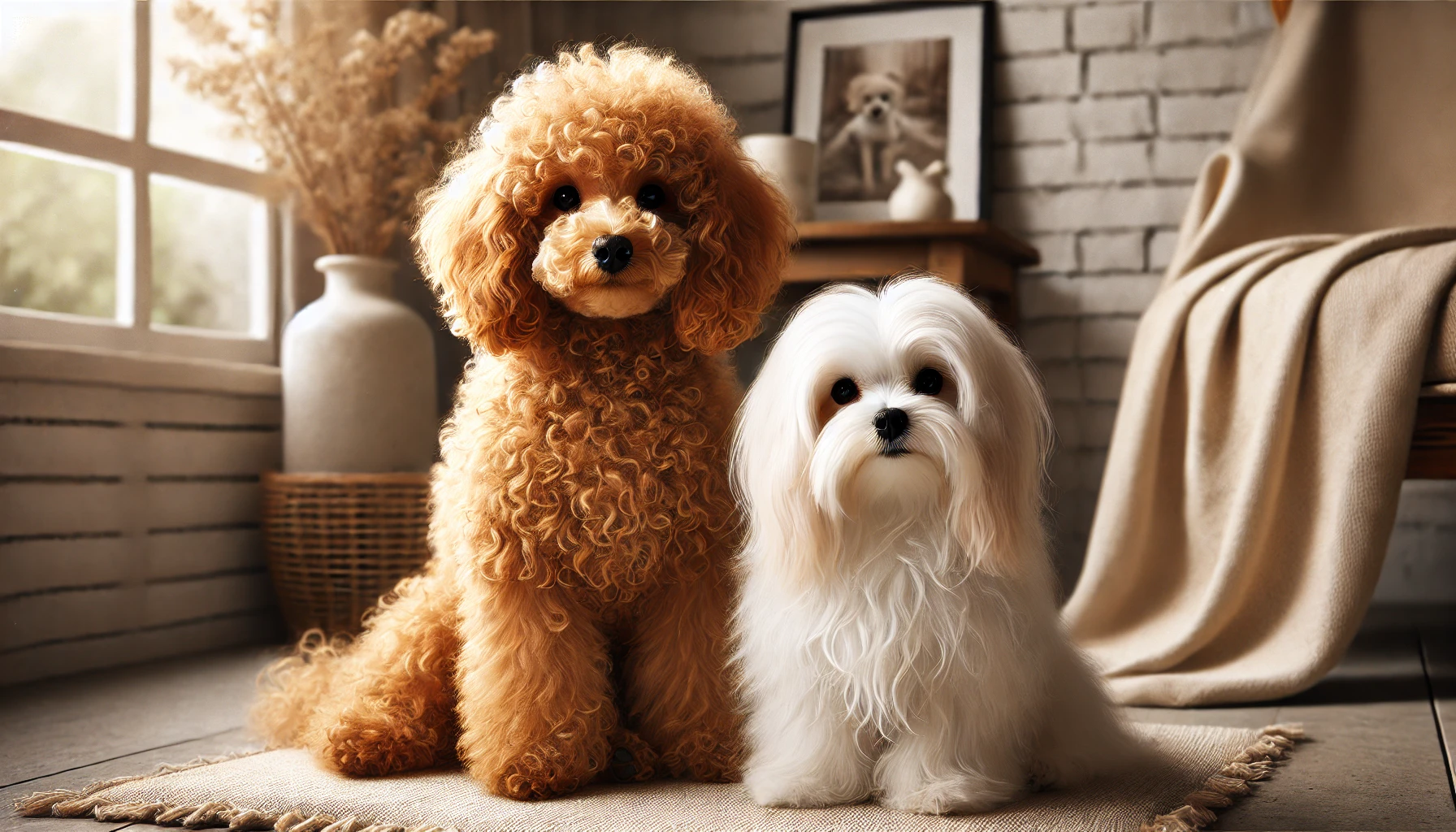 image featuring a small curly poodle dog with an apricot coat sitting next to a long-haired Maltese