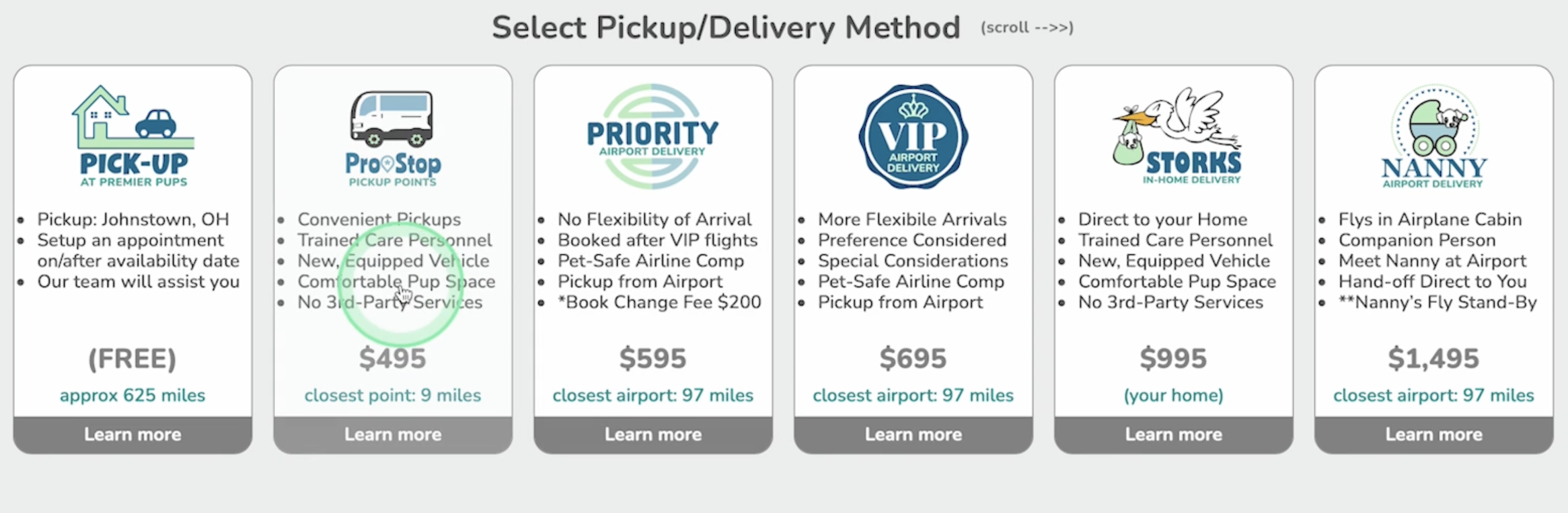 image that shows pickup and delivery options for puppy adoption at premier pups