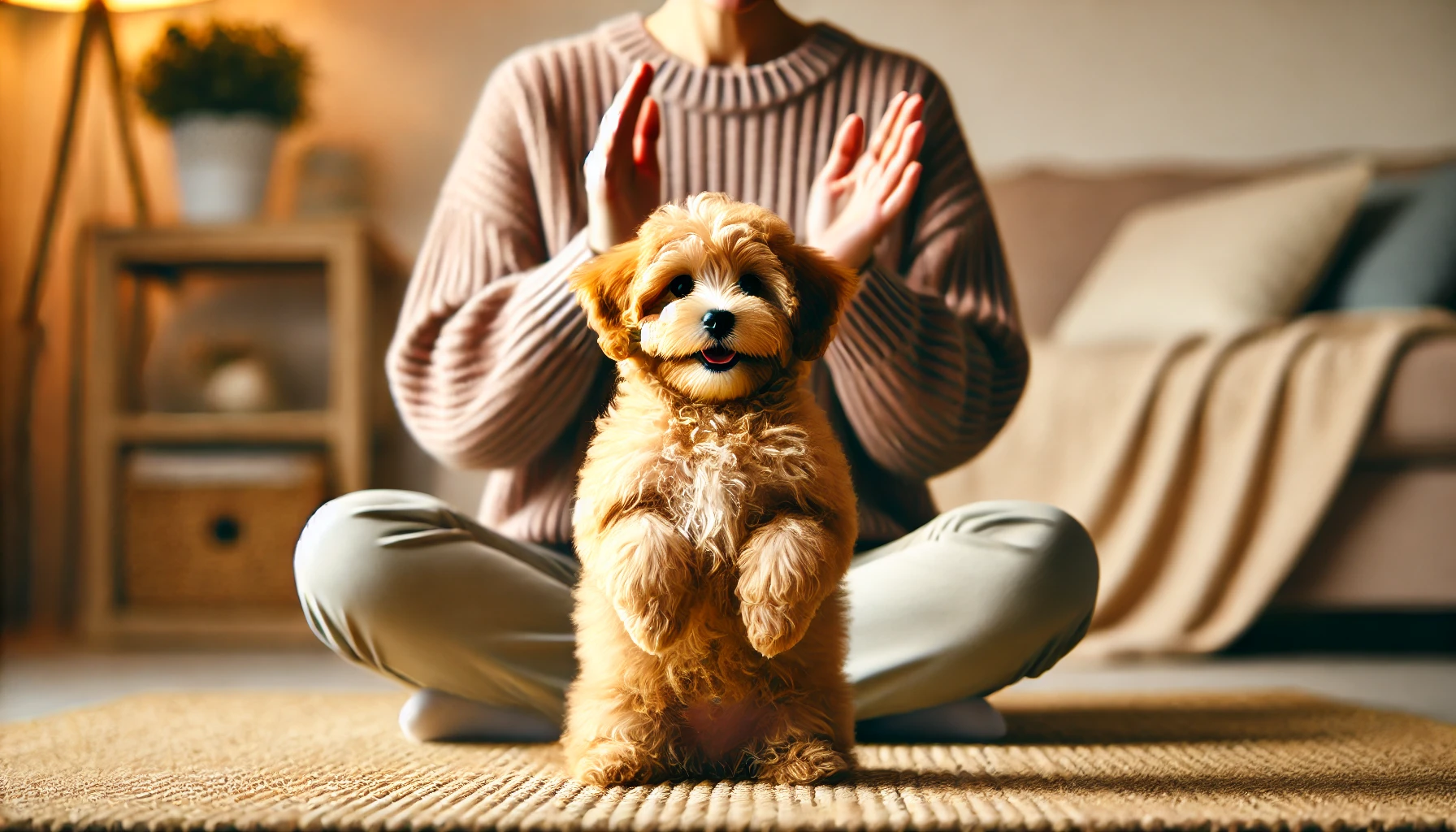 image featuring a tan Maltipoo puppy sitting up on two legs in front of a person. The puppy has a fluffy, tan coat and looks happy