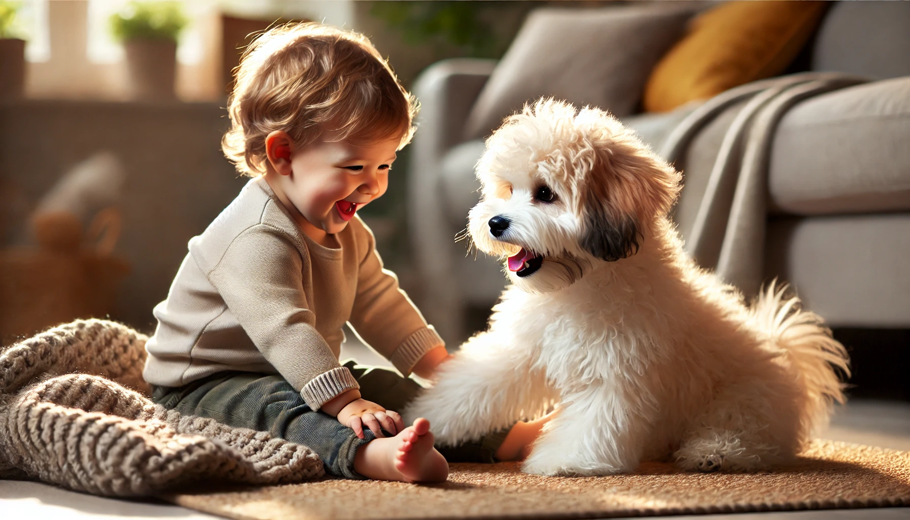  image of a Maltipoo dog playing happily with a small child. The Maltipoo has a fluffy coat and looks joyful