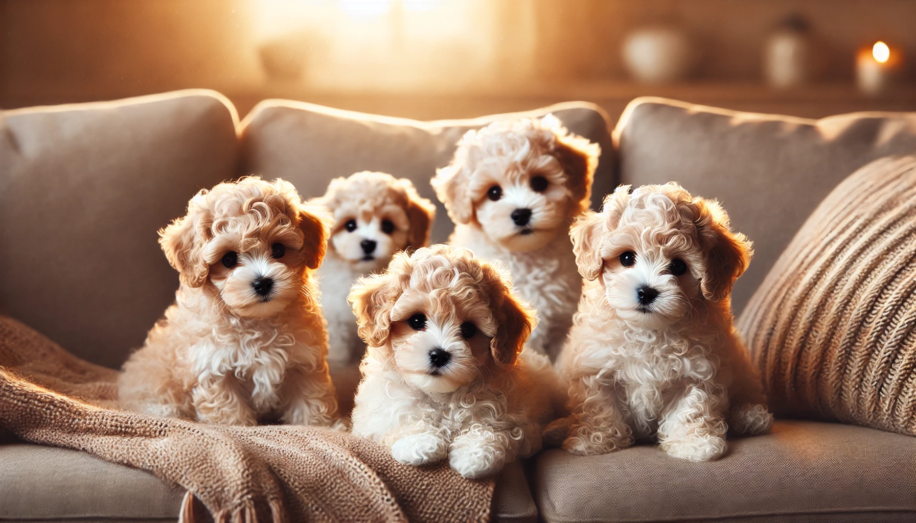 image of five tiny Maltipoo puppies with curly hair, sitting on a cozy couch. All puppies look adorable and playful