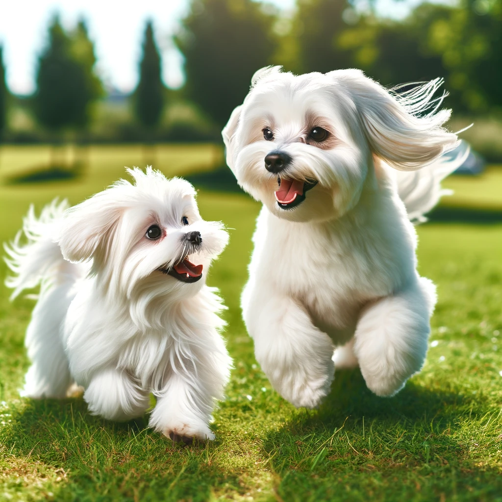 two maltese dogs running together on grass