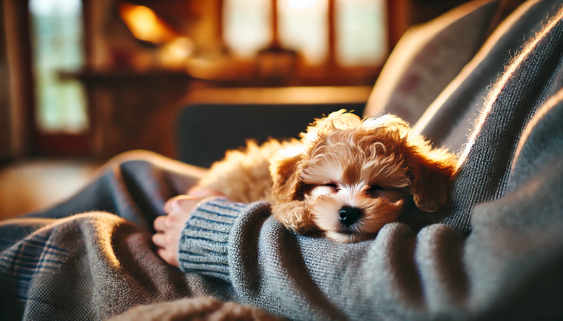 image of a teacup Maltipoo sleeping cozily in a person's lap. The puppy looks peaceful and comfortable 