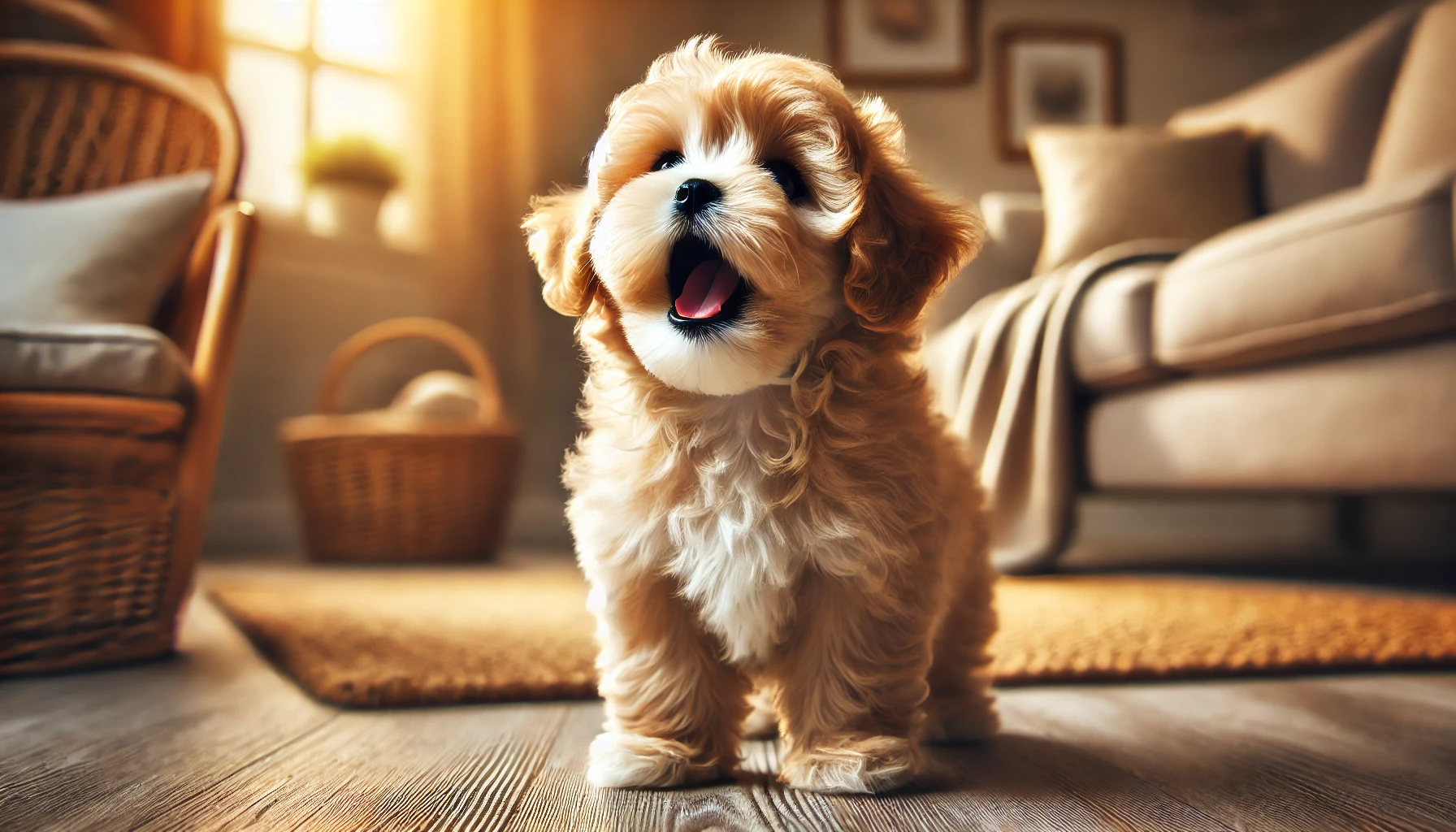 image of a Maltipoo puppy appearing to bark excessively. The puppy, with a fluffy, soft coat, is captured mid-bark