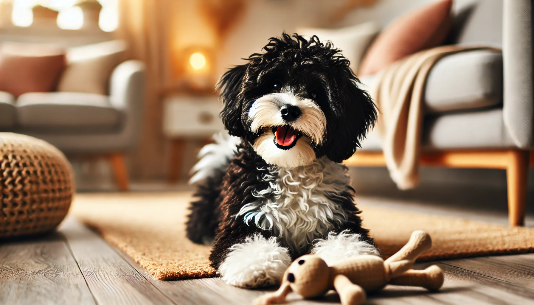 A high-quality image featuring a black and white Maltipoo playing happily in a cozy room. The dog is playing with a dog toy, looking joyful