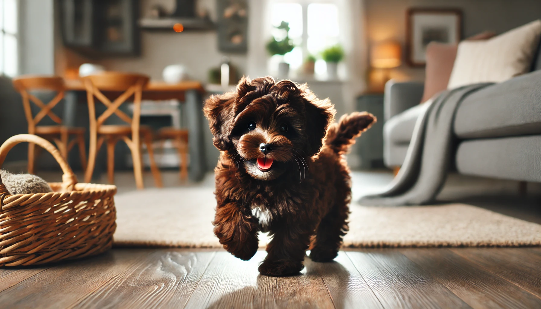 image featuring a dark brown Maltipoo puppy playing happily around a home. The puppy has a fluffy, dark brown coat and looks energetic